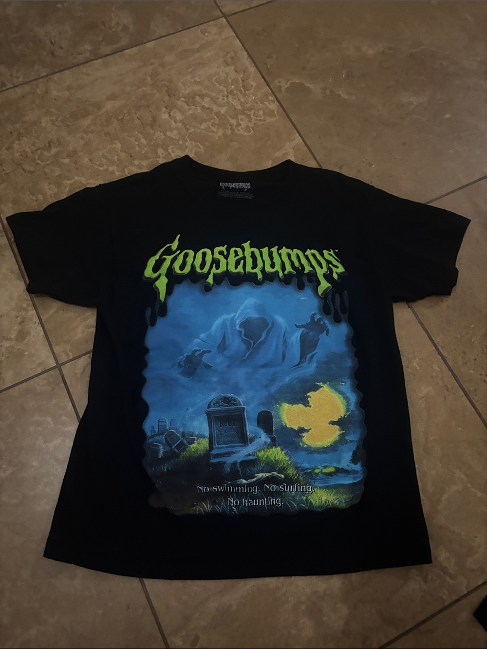 PacSun Black Goosebumps Graphic Tee with Blue and Yellow Print